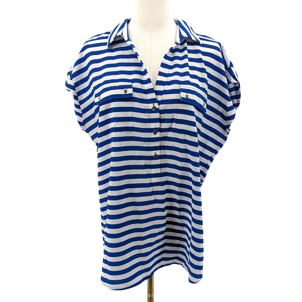 Blue White Striped Portofino Blouse Coastal‎ Nautical Roll Sleeve Top L